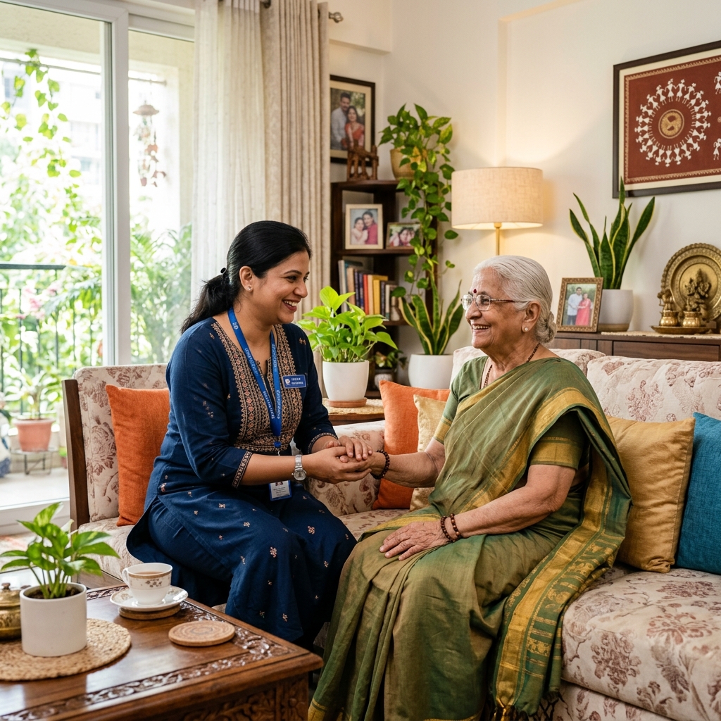 Indian Caregiver assisting elderly parent
